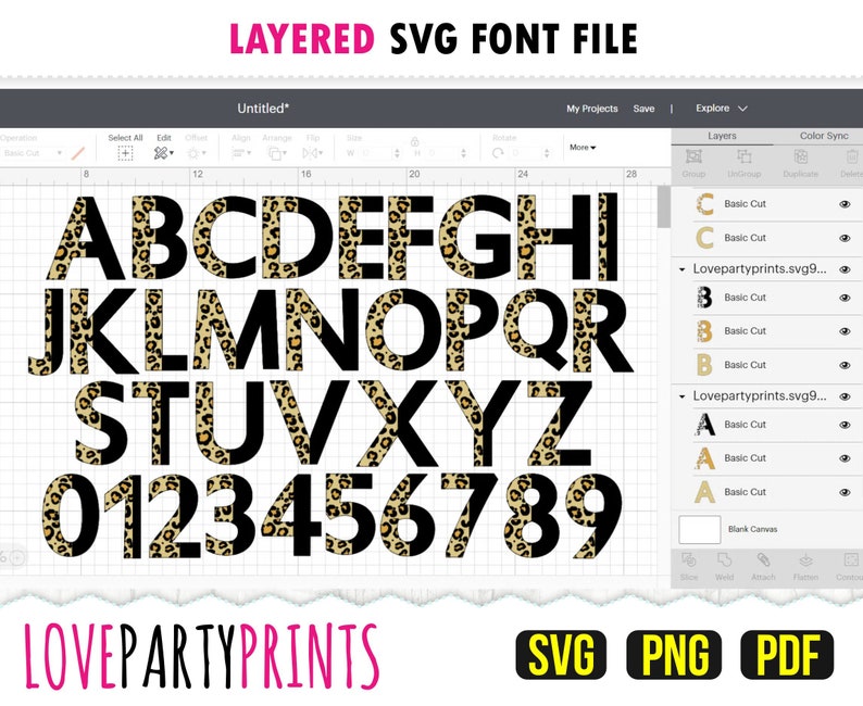 Op de afbeelding: Een gelaagd SVG-lettertypebestand met het alfabet en cijfers in zwart met een luipaardprint achtergrond. Het bestand is ontworpen voor gebruik met een snijmachine.