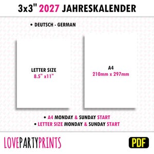 Op de afbeelding: Advertentie voor een kalender voor 2027, met twee witte rechthoekige vellen. E&eacute;n is gelabeld "Letter Size 8.5" x 11"" en de andere "A4 210mm x 297mm". De afbeelding bevat de tekst "3x3" 2027 JAHRESKALENDER" en "LOVEPARTYPRINTS". De tekst bevat ook "DEUTSCH - GERMAN".
