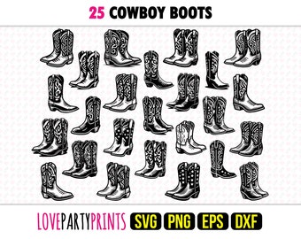 Cowboy Boots SVG Bundle, PNG, EPS, Dxf, Cowgirl Boot Svg, Silhouette Cut Files, 25 Western Vector Laser Templates, Digital Download, 1297