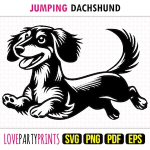 Springender Dackel SVG, PNG, EPS, Pdf, Hund Silhouette, Maschinenschnitt Laser Vektorgrafik Print Dye Sub-Vorlage, Sofort Download, 1757