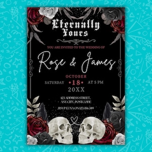 Editable Goth Wedding Invitation, Canva Text Template, 5x7 Inch and Mobile Templates, Skulls and Roses Custom Printable & Digital Invites