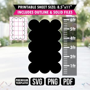 May include: A digital template featuring a solid black scalloped rectangle shape, a grid outline, and a height scale from 1ft to 6ft. Text includes PRINTABLE SHEET SIZE: 8.5"x11", INCLUDES OUTLINE & SOLID FILES, PREMIUM TEMPLATES, SVG, PNG, and PDF.