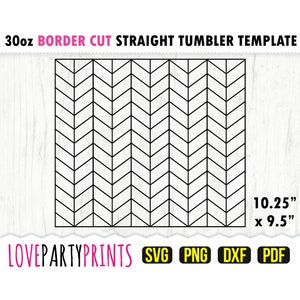 May include: Black and white chevron pattern template for a 30oz straight tumbler. The template measures 10.25 inches by 9.5 inches.