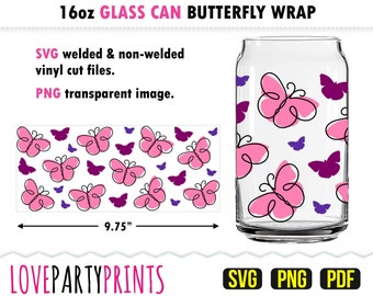 Butterfly Can Glass Wrap SVG, PNG, PDF, Spring Can Wrap Svg, Line Butterfly Can Wrap, Vlinders kunnen Svg wikkelen, 16oz Can Glass Wrap, GC16