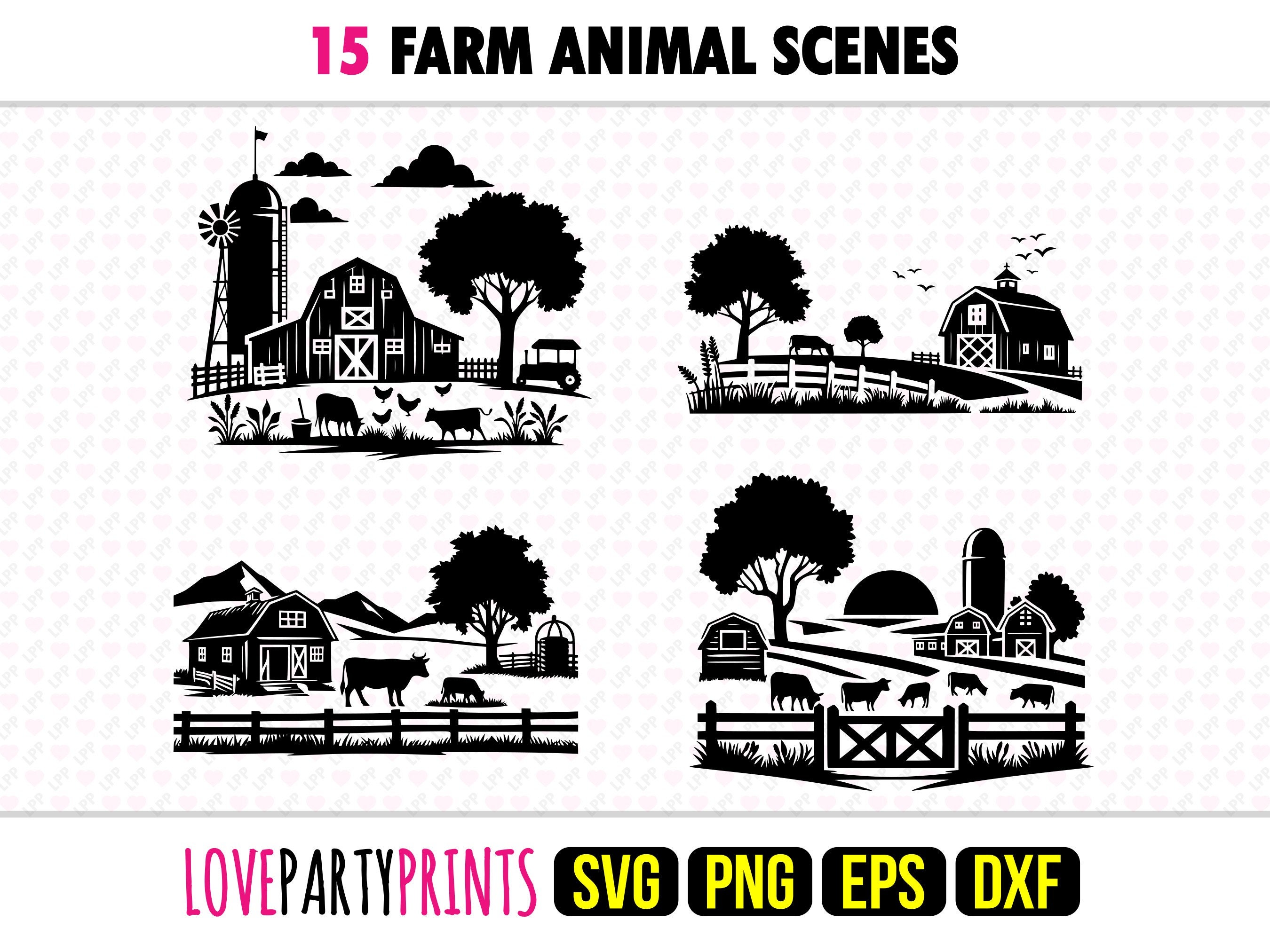Farm Animal Scene SVG Bundle, PNG, EPS, Dxf, Farming Scenes, Cow ...