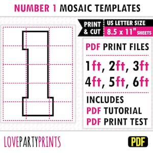 Square Number 1, Mosaic From Balloons, 1ft, 2ft, 3ft, 4ft, 5ft, 6ft, Party Mosaic, 8.5&quot;x11&quot; Printable PDF, Instant Download, PDF, BT1
