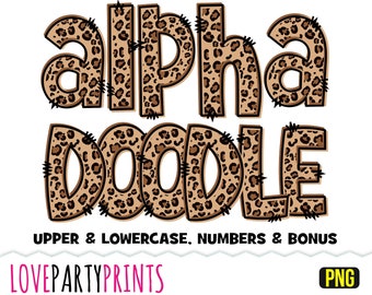 May include: Alpha Doodle font graphic with leopard print design. Uppercase and lowercase letters, numbers, and bonus characters are included.  PNG file.