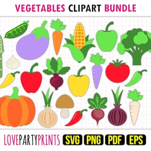 Puede incluir: Un conjunto de 20 imágenes de clipart de verduras coloridas, que incluyen una berenjena, maíz, brócoli, cebolla, calabaza, tomate, pimiento, espárragos, champiñón, rábano y zanahoria. Las imágenes están en un estilo de dibujos animados y son perfectas para usar en proyectos digitales.