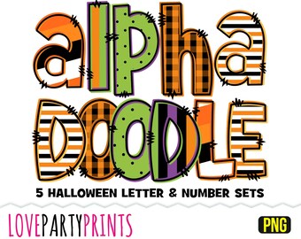 May include: A colorful graphic with the words "Alpha Doodle" in orange, green, and black, with various patterns. Below, it reads "5 Halloween Letter & Number Sets." The LovePartyPrints logo is at the bottom.