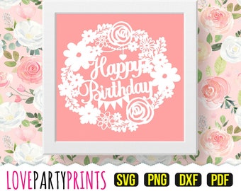 Modelo de corte de papel Feliz aniversário PDF e PNG Clip Art com arquivos de corte Svg e DXF, corte à mão ou máquinas de corte, (PC3)
