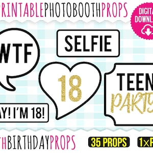18th Birthday Printable Photo Booth Props + Sign - Speech Bubbles Party Props - Faux Gold Glitter - High Quality PDF Printable - 18PPA