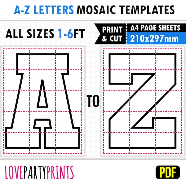 A4 PDF Letters Mosaic Balloons Templates, 1ft, 2ft, 3ft, 4ft, 5ft, 6ft, Square Letters, Balloon Frame, 210 x 297 mm, Instant Download, BT52