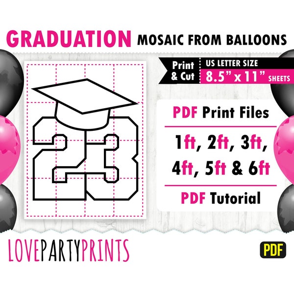 23 Graduation Hat Mosaic Balloon PDF, 1ft, 2ft, 3ft, 4ft, 5ft, 6ft, Graduation Mosaic, 8.5"x11" Printable PDF, Instant Download, PDF, BT13