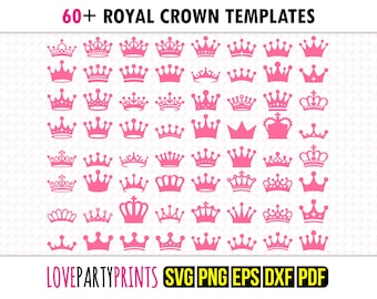 Op de afbeelding: Een set van 60+ roze koninklijke kroon sjablonen voor digitale ontwerp projecten. De sjablonen zijn in SVG, PNG, EPS, DXF en PDF formaten. LOVEPARTYPRINTS is de naam van de verkoper.