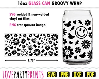 Groovy Glass Can Wrap SVG, DXF, PNG, Pdf, Hippie Can Wrap Svg, Smiley Can Wrap Svg, Vintage jaren '90 Wrap Svg, 16oz Can Glass Wrap, GC18