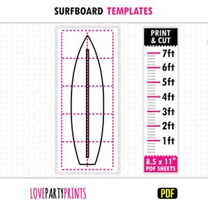 Surfboard Template PDF, 1ft-7ft Trace & Cut Templates, Life Size Beach Birthday Party Outdoor Lawn Silhouette Stencil, Instant Download