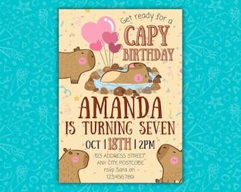 Capy Birthday Invitation Template, Cute Capybara Birthday Party Invite, Editable Canva, Digital Download, Fun Animal Theme, Mobile & 5x7