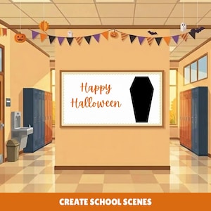 May include: A school hallway illustration featuring rows of blue and red lockers, a water fountain, and a central bulletin board with the text Happy Halloween and a black coffin silhouette. Festive orange, purple, and black bunting hangs above.