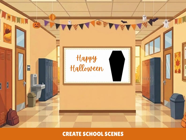 May include: A school hallway illustration featuring rows of blue and red lockers, a water fountain, and a central bulletin board with the text Happy Halloween and a black coffin silhouette. Festive orange, purple, and black bunting hangs above.