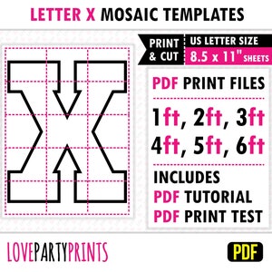 Letra X cuadrada, mosaico de globos, plantilla de mosaico, 1 pie, 2 pies, 3 pies, 4 pies, 5 pies, 6 pies, letras de mosaico, 8,5" x 11" PDF, descarga instantánea, BT38