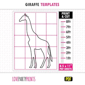 May include: A black outline of a giraffe on a pink grid, with a height chart in feet. The text reads "GIRAFFE TEMPLATES" and "PRINT & CUT". The image is labeled "8.5 x 11" PDF SHEETS" and "PDF".