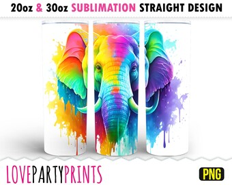 Elephant Tumbler Wrap, 20oz & 30oz Skinny Tumbler Sublimation Design, Rainbow Watercolour Splash Wrap, Instant Digital Download, PNG, sub54