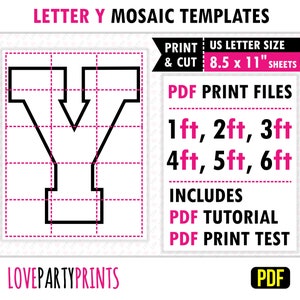 Letra Y cuadrada, mosaico de globos, plantilla de mosaico, 1 pie, 2 pies, 3 pies, 4 pies, 5 pies, 6 pies, letras de mosaico, 8,5" x 11" PDF, descarga instantánea, BT39
