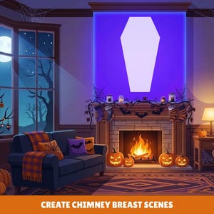 May include: A digital illustration of a living room decorated for Halloween, featuring a fireplace with a large white coffin-shaped cutout on the chimney breast, a sofa with orange and purple pillows, pumpkins, and the text CREATE CHIMNEY BREAST SCENES.
