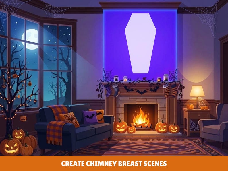 May include: A digital illustration of a living room decorated for Halloween, featuring a fireplace with a large white coffin-shaped cutout on the chimney breast, a sofa with orange and purple pillows, pumpkins, and the text CREATE CHIMNEY BREAST SCENES.