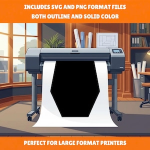 May include: A large format printer stands in an office, outputting a white sheet of paper featuring a large black pentagonal shape. The text at the top reads INCLUDES SVG AND PNG FORMAT FILES BOTH OUTLINE AND SOLID COLOR and at the bottom PERF