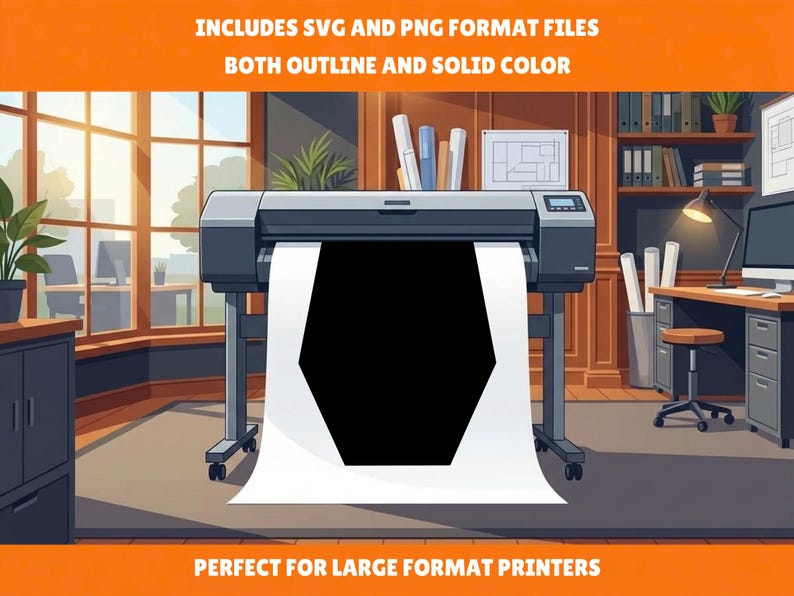 May include: A large format printer stands in an office, outputting a white sheet of paper featuring a large black pentagonal shape. The text at the top reads INCLUDES SVG AND PNG FORMAT FILES BOTH OUTLINE AND SOLID COLOR and at the bottom PERF
