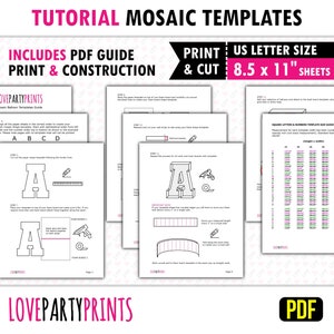May include: A printable PDF guide for creating mosaic balloon templates. The guide includes instructions and templates for letters and numbers, with a size guide for each letter and number. The guide is designed to be printed on 8.5 x 11 inch sheets of paper.