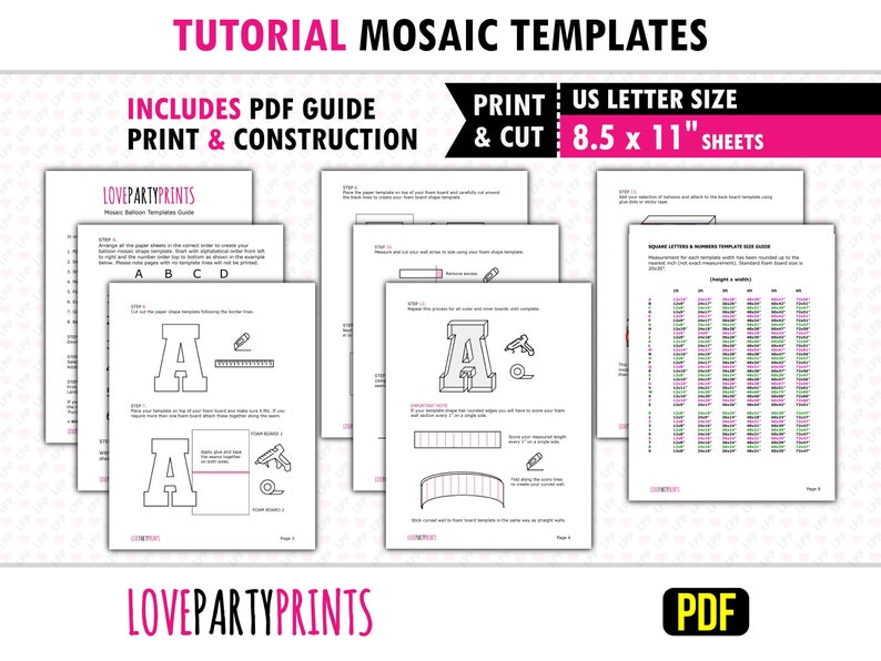 May include: A printable PDF guide for creating mosaic balloon templates. The guide includes instructions and templates for letters and numbers, with a size guide for each letter and number. The guide is designed to be printed on 8.5 x 11 inch sheets of paper.
