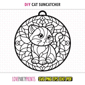 猫のサンキャッチャー SVG、Dxf、Png、Pdf、Eps、子猫の窓飾りサンキャッチャー、レーザーカッターシルエットベクタークリップアート、カッティングファイル、1367