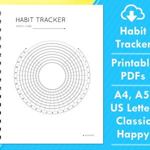 Daily Habit Tracker PDF, Circular Monthly Planner Tracker, Printable A4, A5, US Letter, Classic Happy, 16 PDFs, (P10)