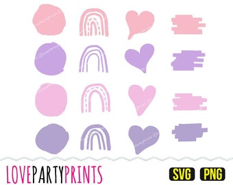 Pode incluir: Um conjunto de 12 imagens de clipart digitais em rosa e roxo. As imagens incluem círculos, corações, arco-íris e retângulos. As imagens são perfeitas para adicionar um toque de fantasia aos seus designs.