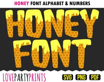 Pode incluir: Fonte de mel, alfabeto e números. Um design de fonte digital com um padrão de favo de mel e mel pingando. As palavras "Honey Font" são exibidas no design.