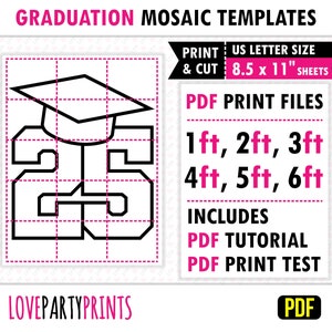 25 Palloncino a mosaico con cappello da laurea PDF, 1 piede, 2 piedi, 3 piedi, 4 piedi, 5 piedi, 6 piedi, Mosaico di laurea, 8,5"x11" PDF stampabile, Download immediato, PDF, BT75