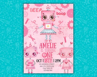 Girls Robot Birthday Invitation Template, Cute Robot Party Invite, Editable Canva, Fun Kids Birthday Theme, Digital Download, Mobile & 5x7