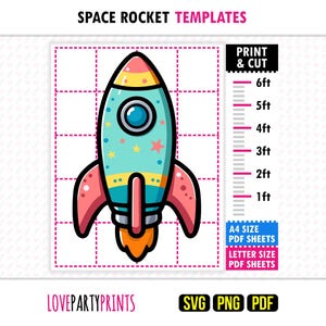 May include: A vibrant cartoon rocket ship template with a blue body, pink fins, and yellow and orange accents. The image includes a print and cut guide with measurements in feet, and the text "SPACE ROCKET TEMPLATES".