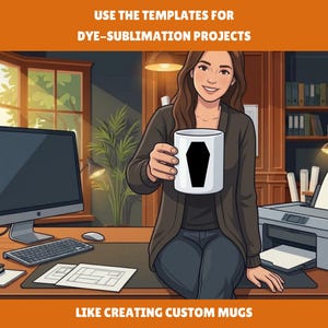May include: A white ceramic mug featuring a black coffin graphic, held in a workspace setting with a computer, printer, and desk accessories. The text USE THE TEMPLATES FOR DYE-SUBLIMATION PROJECTS and LIKE CREATING CUSTOM MUGS is visible.