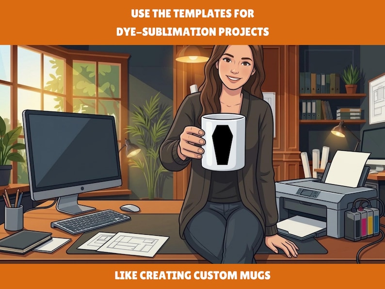 May include: A white ceramic mug featuring a black coffin graphic, held in a workspace setting with a computer, printer, and desk accessories. The text USE THE TEMPLATES FOR DYE-SUBLIMATION PROJECTS and LIKE CREATING CUSTOM MUGS is visible.