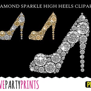 May include: Two pairs of high heels made of sparkling diamonds. One pair is silver and the other is gold. The heels are on a black background.  DIAMOND SPARKLE HIGH HEELS CLIPART LOVEPARTYPRINTS PNG