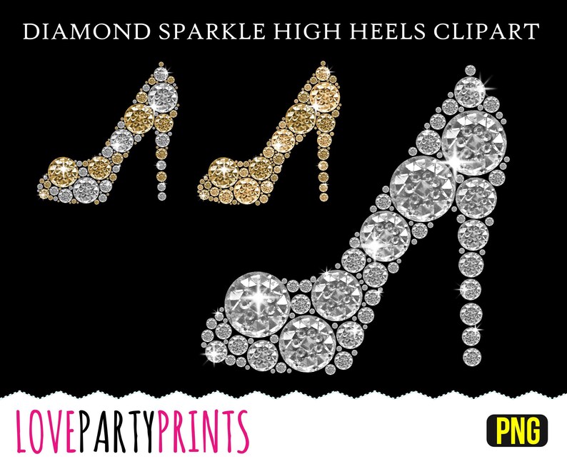 May include: Two pairs of high heels made of sparkling diamonds. One pair is silver and the other is gold. The heels are on a black background.  DIAMOND SPARKLE HIGH HEELS CLIPART LOVEPARTYPRINTS PNG
