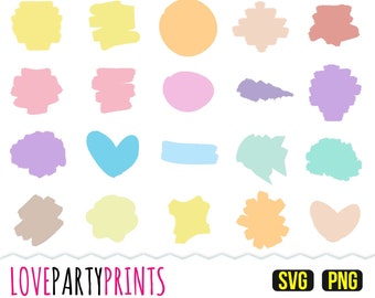 Pode incluir: Uma coleção de formas abstratas coloridas em vários tons pastel, incluindo amarelo, rosa, azul e roxo. A imagem apresenta um coração, círculos e designs de pinceladas. O texto "LOVEPARTYPRINTS" está na parte inferior, com "SVG PNG" em uma caixa preta.