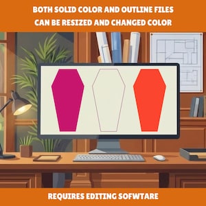 May include: A computer monitor displaying three coffin-shaped icons: one solid magenta, one white outline, and one solid orange. The screen includes the text: BOTH SOLID COLOR AND OUTLINE FILES CAN BE RESIZED AND CHANGED COLOR and REQUIRES EDITING SOFWTARE.