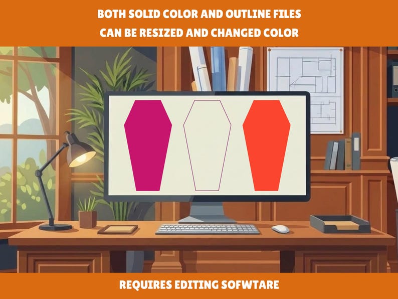 May include: A computer monitor displaying three coffin-shaped icons: one solid magenta, one white outline, and one solid orange. The screen includes the text: BOTH SOLID COLOR AND OUTLINE FILES CAN BE RESIZED AND CHANGED COLOR and REQUIRES EDITING SOFWTARE.