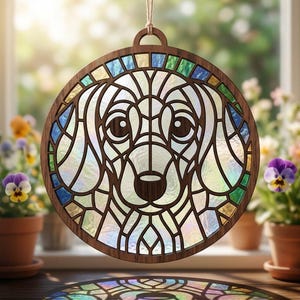 May include: A circular hanging ornament featuring a dark wood frame with a stained glass-style insert depicting a dog face. The design uses iridescent, blue, and green glass segments held by wood lines, suspended by a thin string for display.