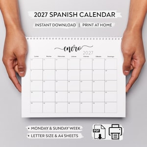 Puede incluir: Un calendario español de 2027 con fondo blanco y líneas de cuadrícula negras. El texto dice 2027 SPANISH CALENDAR, INSTANT DOWNLOAD, PRINT AT HOME, enero, 2027, MONDAY & SUNDAY WEEK y LETTER SIZE & A4 SHEETS. Tiene una encuadernación en espiral.