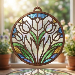 May include: A circular hanging ornament featuring a dark wood frame enclosing a stained glass design of tulips. The glass panels display iridescent white, green, blue, and yellow hues, creating a floral pattern with clear, reflective textures.